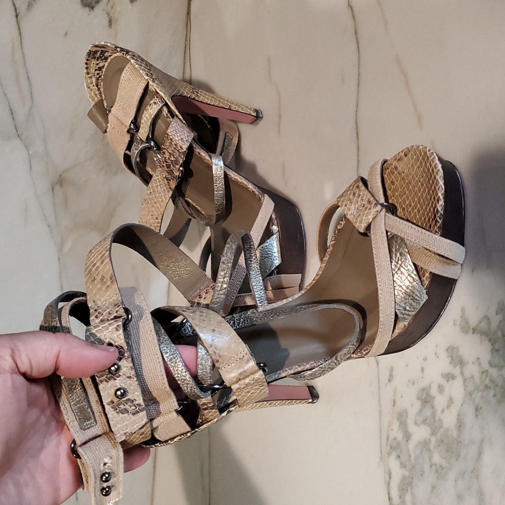 Herve Leger Tan and Brown Animal Print Strappy Heels Size 9